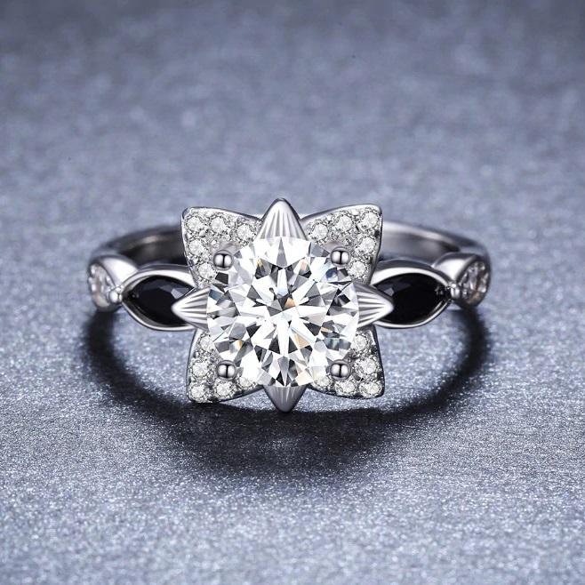 Black Spinel Flower Silver Ring