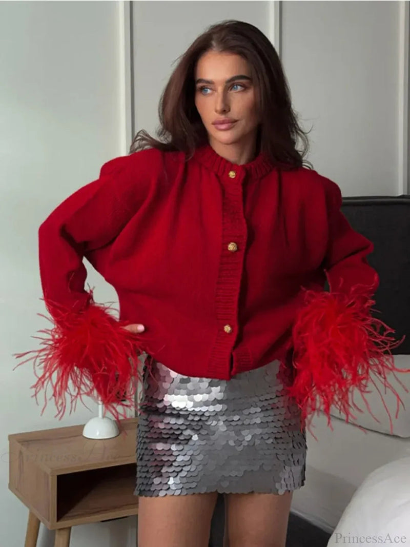 Spliced Feather Long Sleeved Knitted Cardigan Christmas Sweater