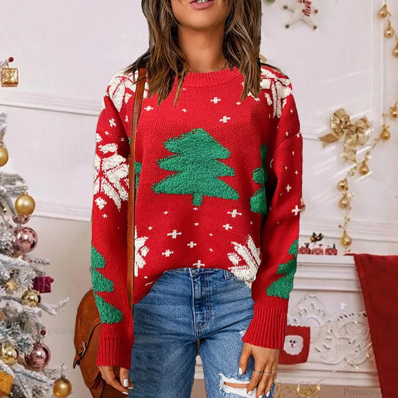 Autumn Winter Knitted Spliced Loose Round Neck Long Sleeve Christmas Sweater
