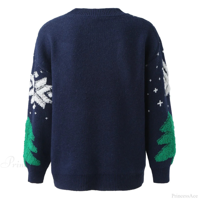 Autumn Winter Knitted Spliced Loose Round Neck Long Sleeve Christmas Sweater