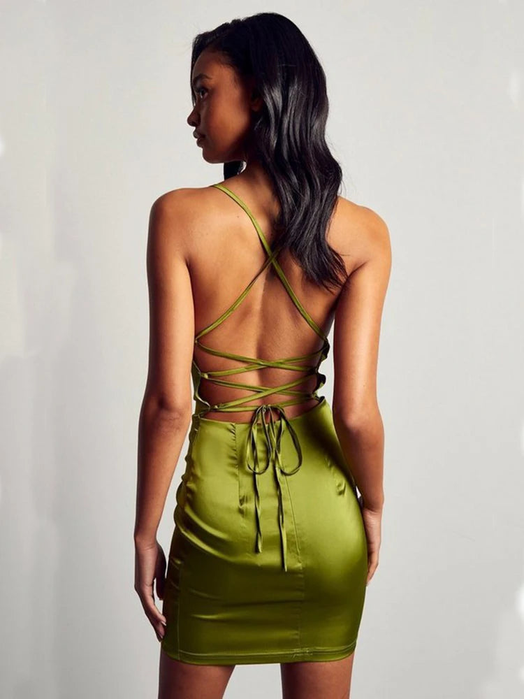 Spring Summer European American New Foreign Satin Lace Back Midi Dresses