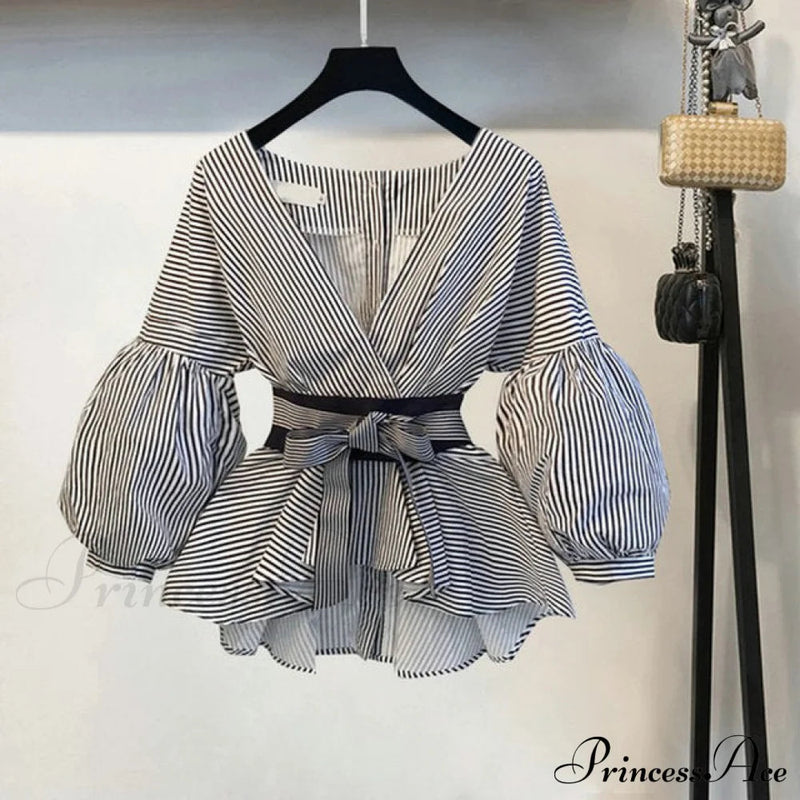 Bow Lantern Flare Pants Striped Blouse Two Piece Set