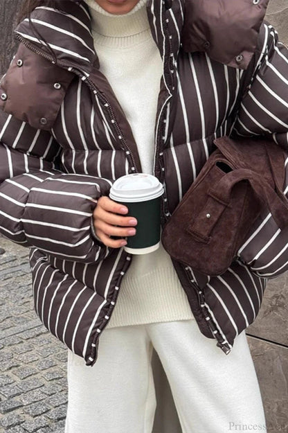 Stand Collar Striped Hooded Warm Quilted Coat