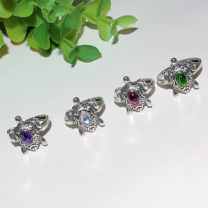 Sterling Silver Turtle Ring With Healing Crystal Stones