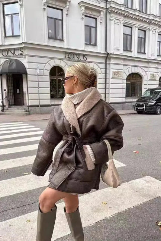 Street Style Color Block Tie Waist Faux Leather Coat