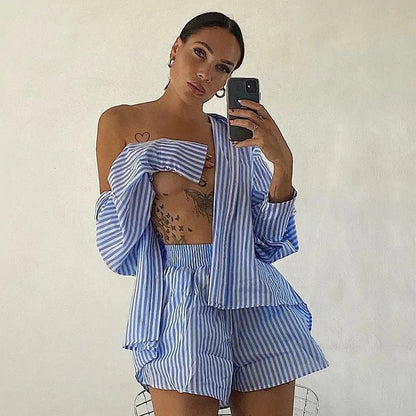 Striped Blouse Shirts and Shorts Set