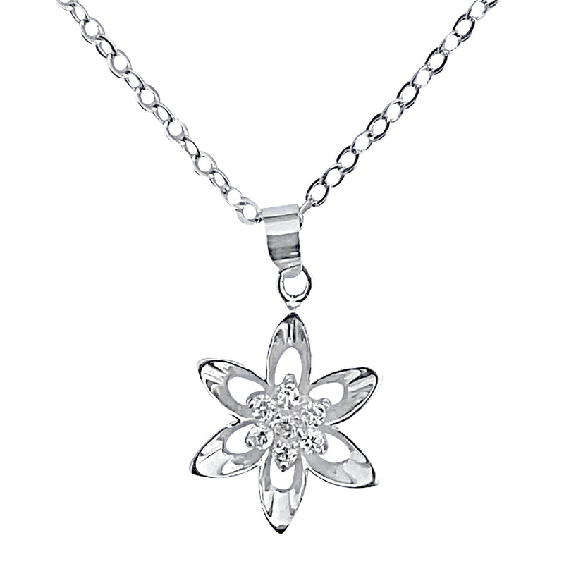 Sterling Silver Mini Cubic Zirconia Flower Pendant on Silver Cable Chain Necklace, 18