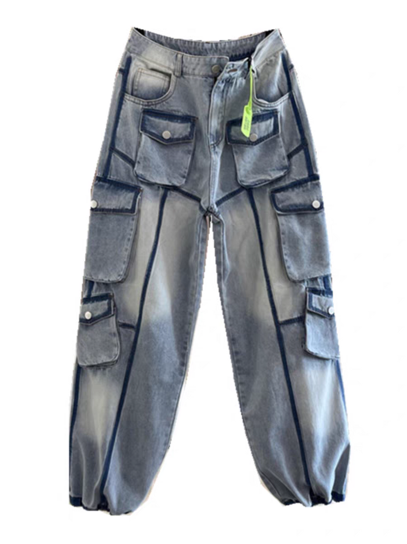 Blue Wide Leg Cargo Pockets Denim Pants