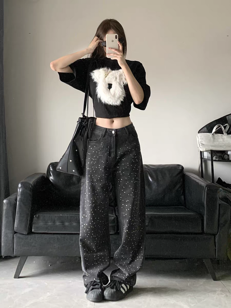 Black Wide Leg Denim Studded Pants