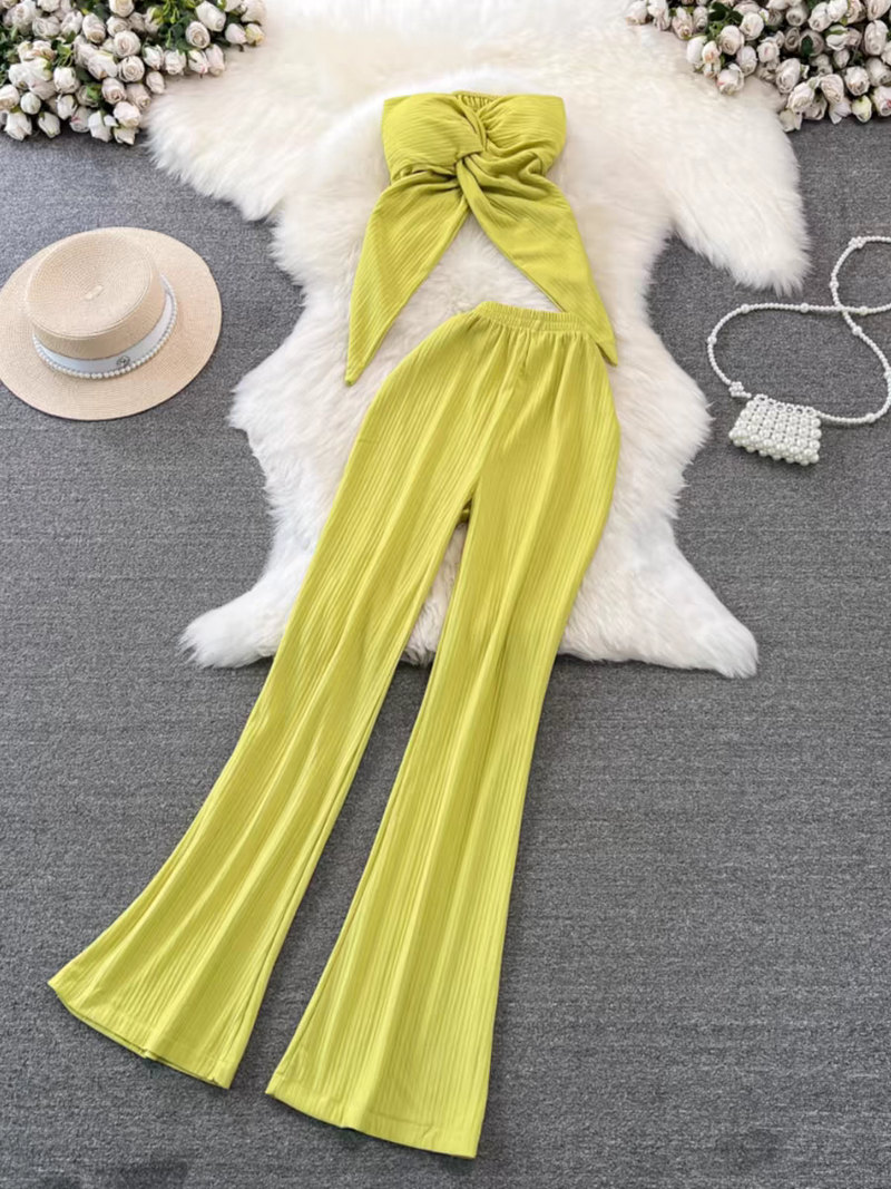 Bandeau Crop Tube Top & Wide Leg Pants Coord Set