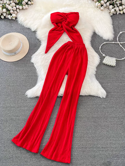 Bandeau Crop Tube Top & Wide Leg Pants Coord Set