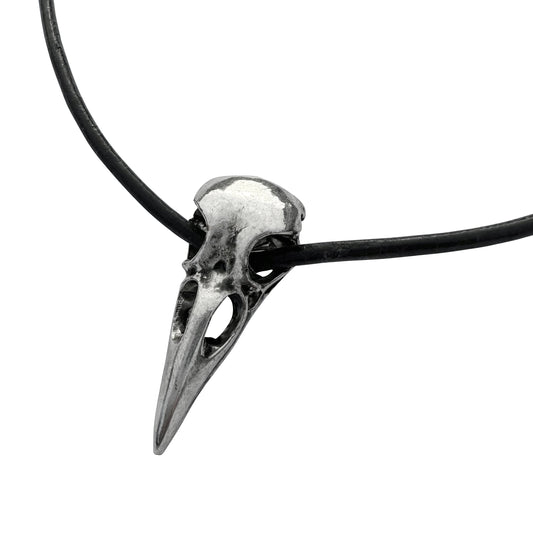Large Silver Raven Skull on Thick Black Leather Necklace Cord - 22 Inches