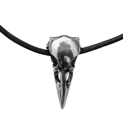 Large Silver Raven Skull on Thick Black Leather Necklace Cord - 22 Inches