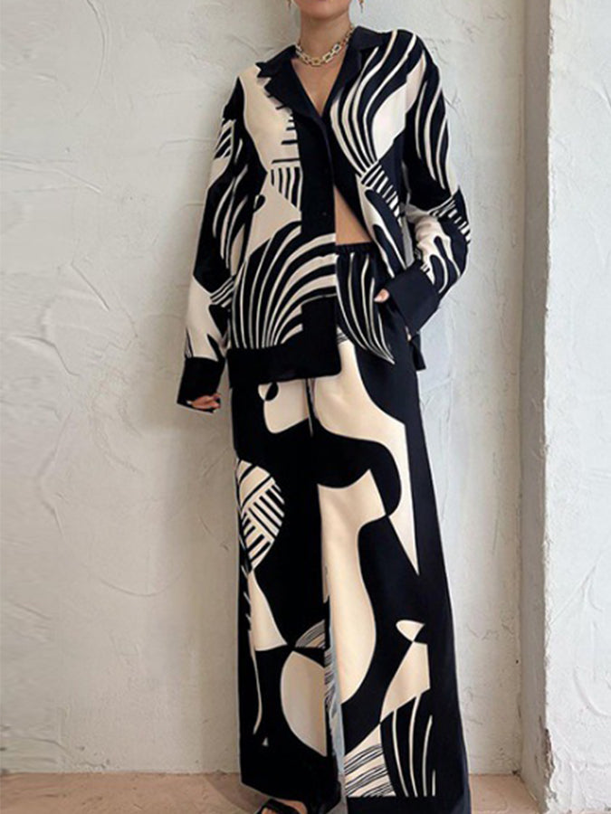 Long Sleeves Printed Blouse and Pants Sets