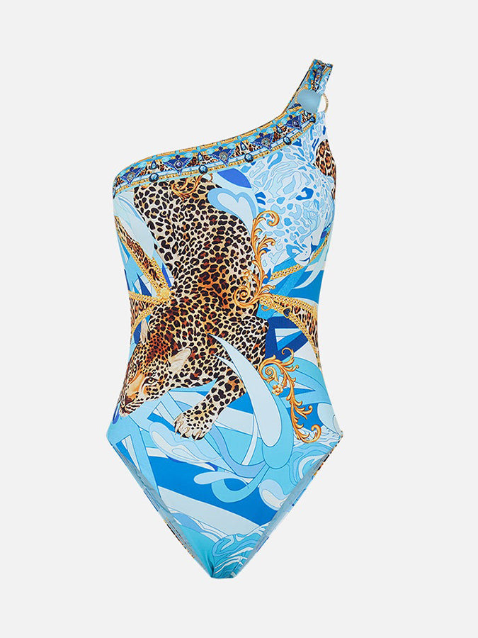 Tiger Printed One Shoulder One Piece and Pants Swimwear