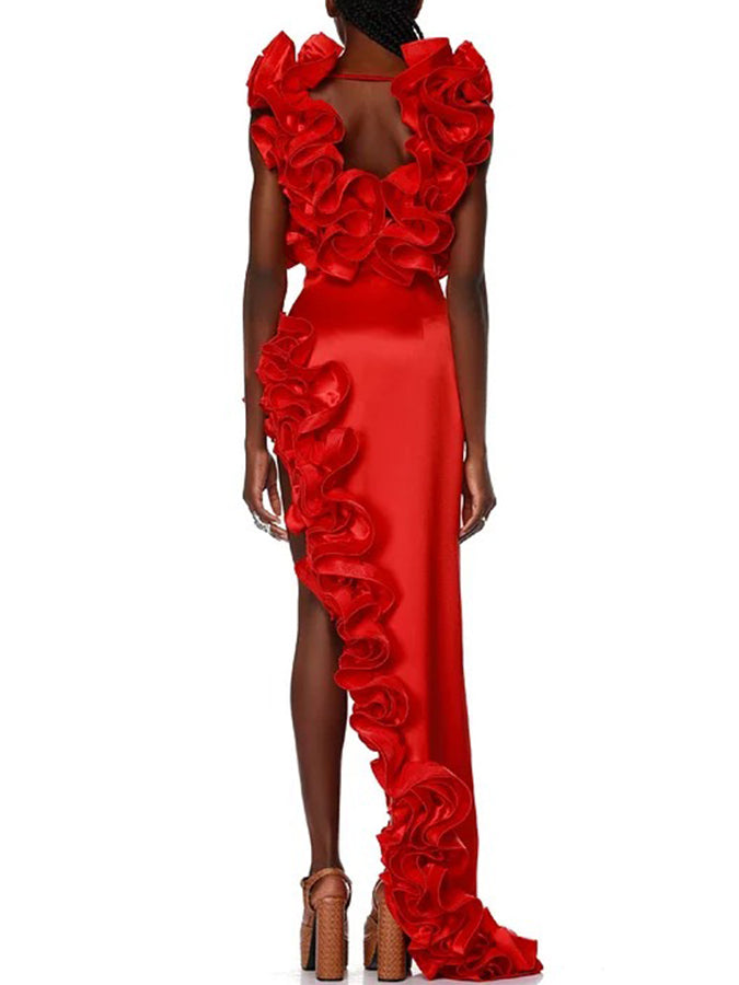 Red Flower Frilled One Shoulder Bikini Swimsuit and Skirt