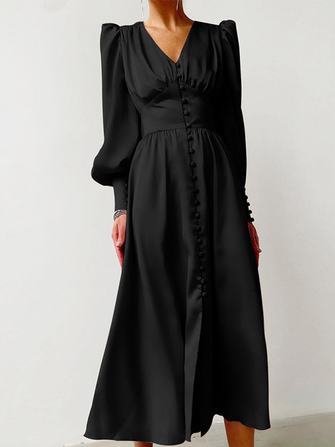 Long Sleeves Buttoned V Neck Maxi Dress