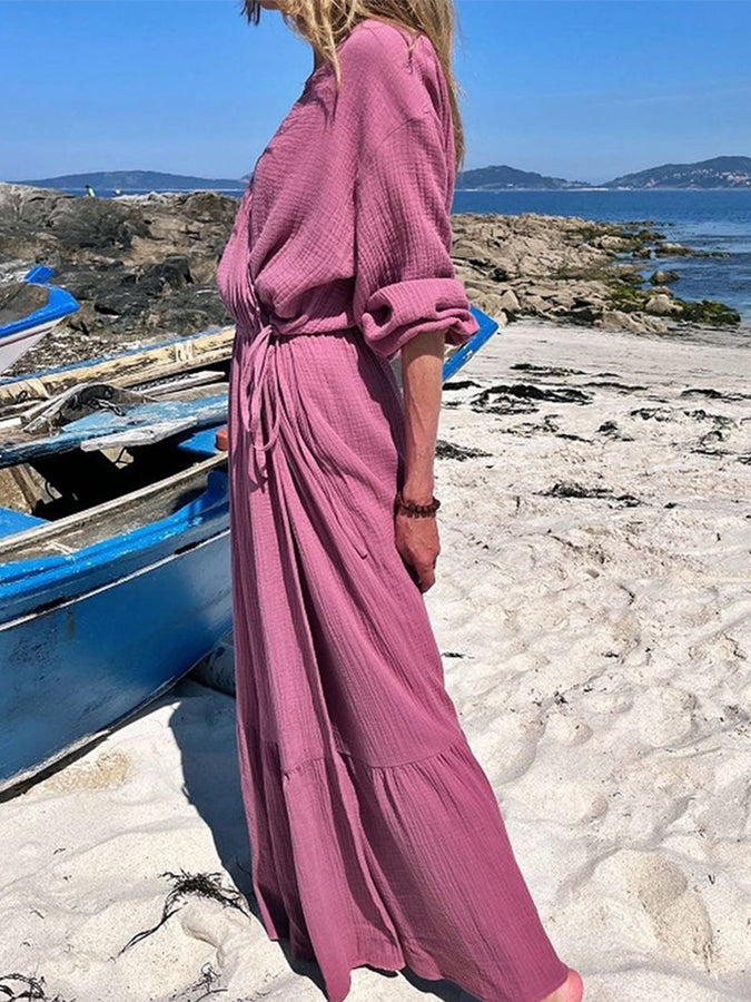 V Neck Long Sleeves Loose Maxi Dress
