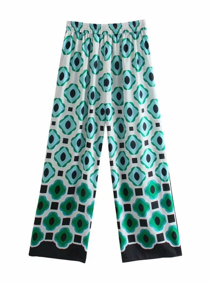 Long Sleeves Geometric Printed Blouses and Pants Sets
