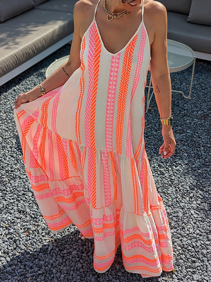 V Neck Sleeveless Tribal Holiday Maxi Dress
