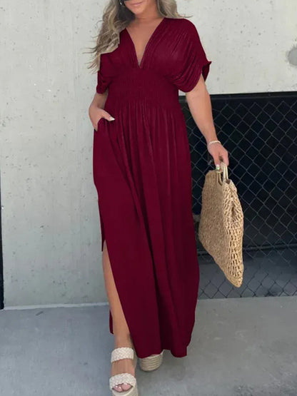 V Neck Batwing Sleeves Elastic Waist Maxi Dress