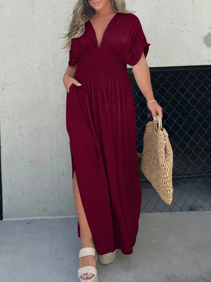 V Neck Batwing Sleeves Elastic Waist Maxi Dress