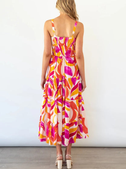 Leaves Printed Tie-shoulder Sleeveless Holiday Maxi Dress
