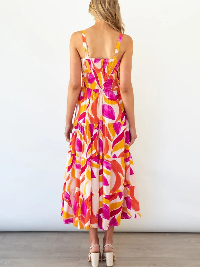 Leaves Printed Tie-shoulder Sleeveless Holiday Maxi Dress