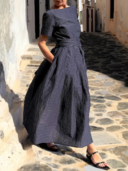 Stripes Short Sleeves Pockets Maxi Dress