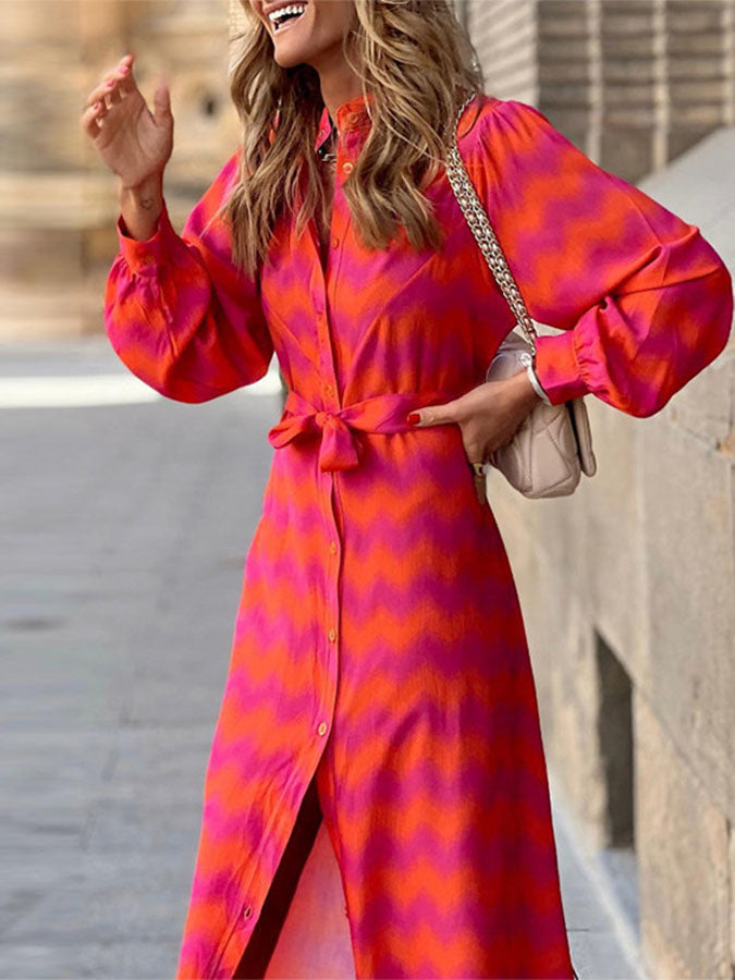 Long Sleeves Geometric Printed Lace-up Shirt Collar Maxi Dress