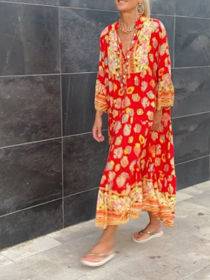 Red Printed Long Sleeves Maxi Dress