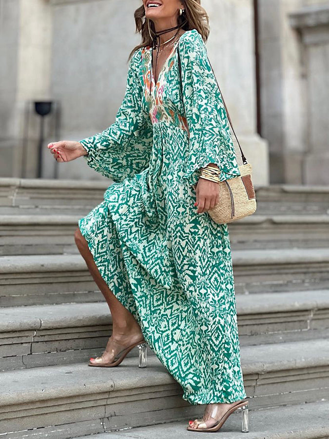Green Printed Long Sleeves V Neck Maxi Dress