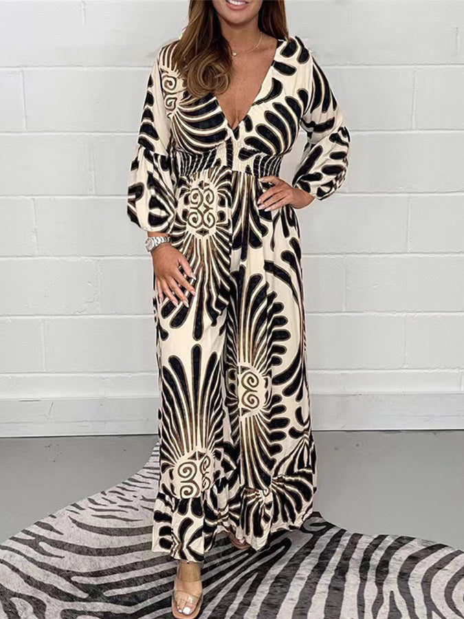 Geometric Printed Long Sleeves V Neck Maxi Dress