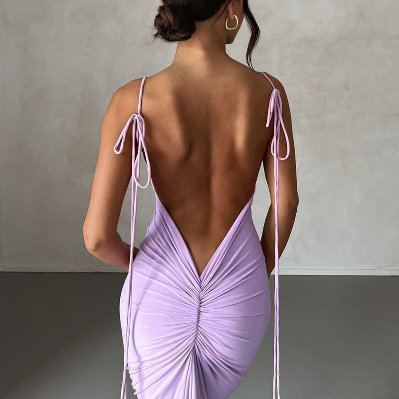 V Neck Lace-up Backless Maxi Dress