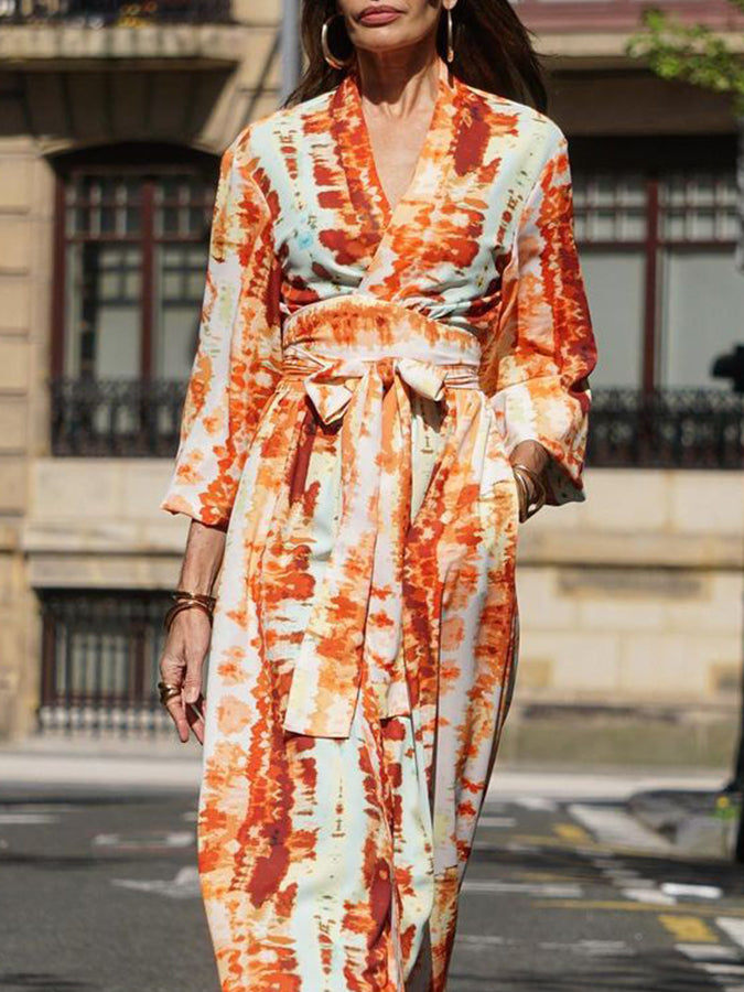 V Neck Long Sleeves Printed Lace-up Maxi Dress