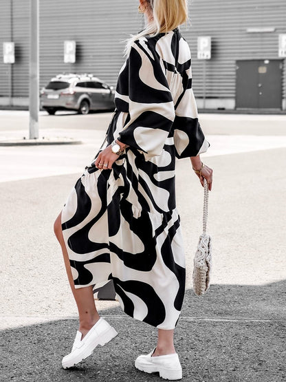 Geometric Printed Long Sleeves Buttoned Slit Shirt Maxi Dress