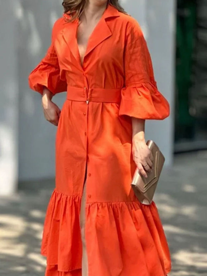 Puff Sleeves Shirt Maxi Dress
