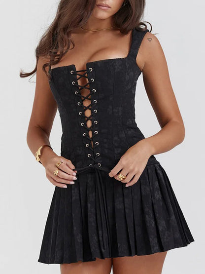 Retro Low-cut Suspender Pleated Party Mini Dress
