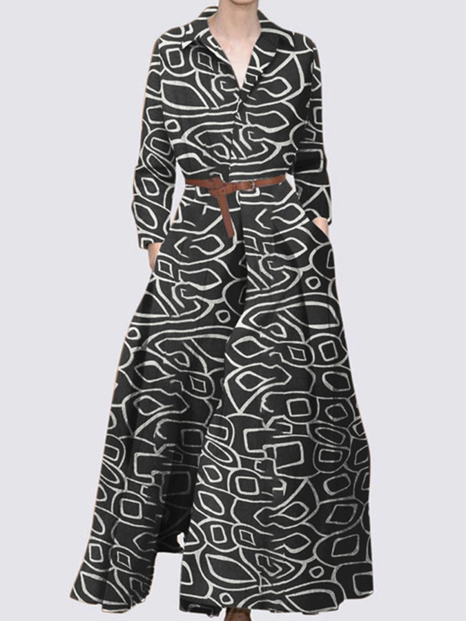 Geometric Printed Long Sleeves Shirt Maxi Dress