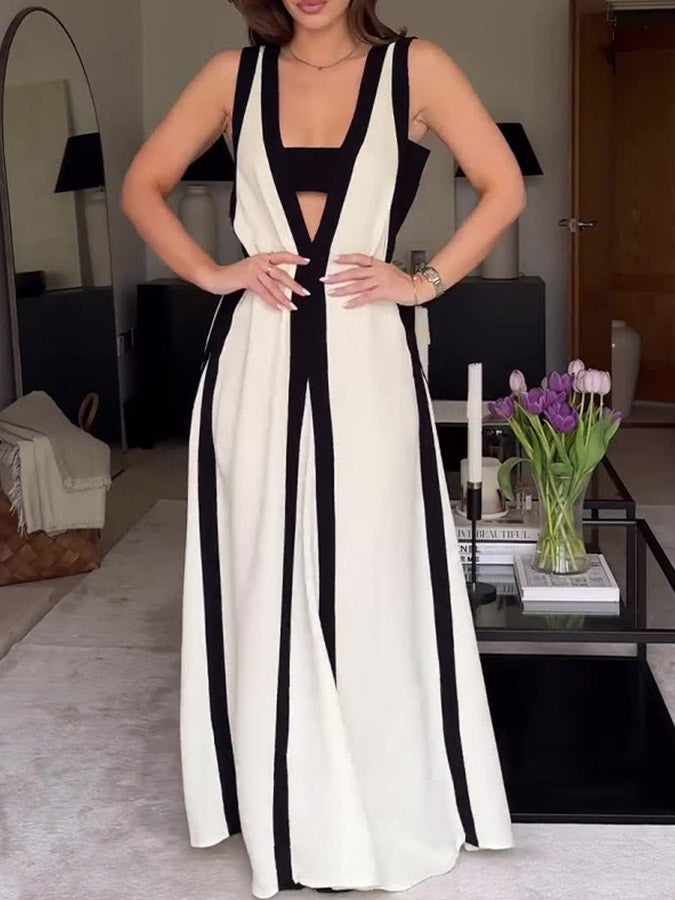 White-black Color-block V Neck Maxi Dress
