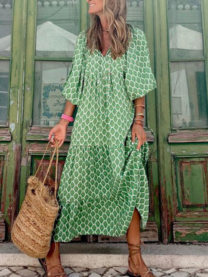 Geometric Print Puff Sleeve Maxi Dress