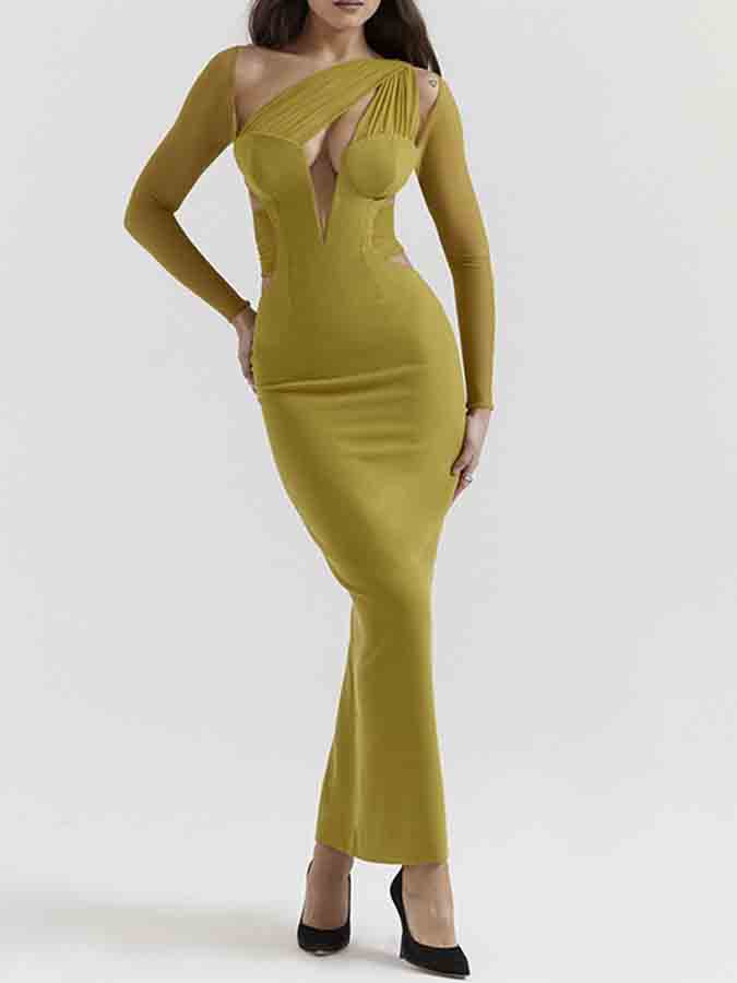 Long-sleeved Mesh Spliced v-neck Slim Long Dress