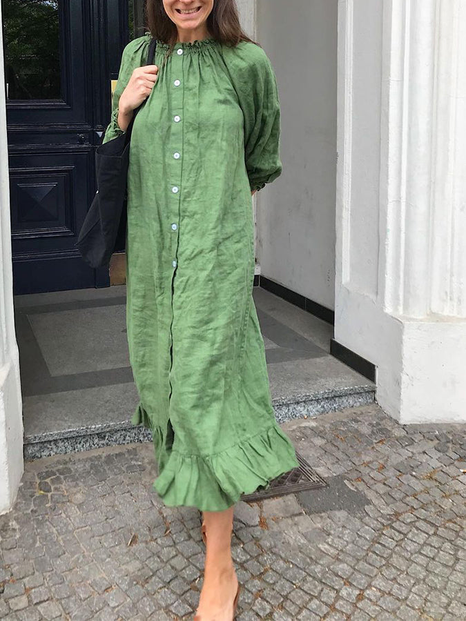 Long Sleeves Buttoned Cotton-linen Maxi Dress