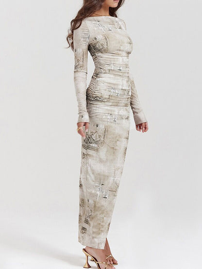 Long Sleeves Round Neck Printed Slim Maxi Dress