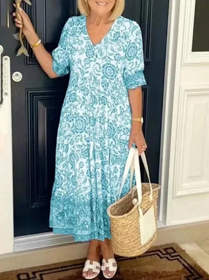 V-neck Print Loose Maxi Dress