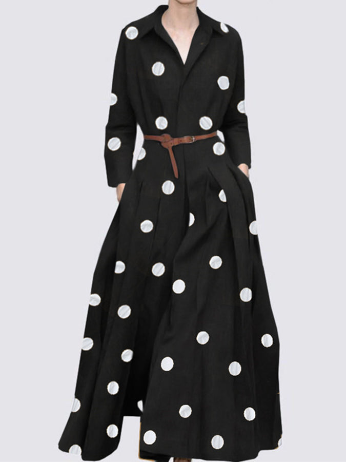 Polka Dots Printed Long Sleeves Shirt Maxi Dress