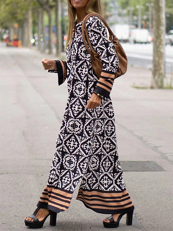 Long Sleeves Geometric Printed Maxi Dress