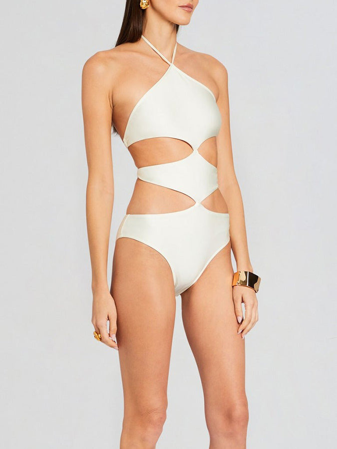 White Halter Cut-out One Piece Swimsuit and See-through Maxi Dress