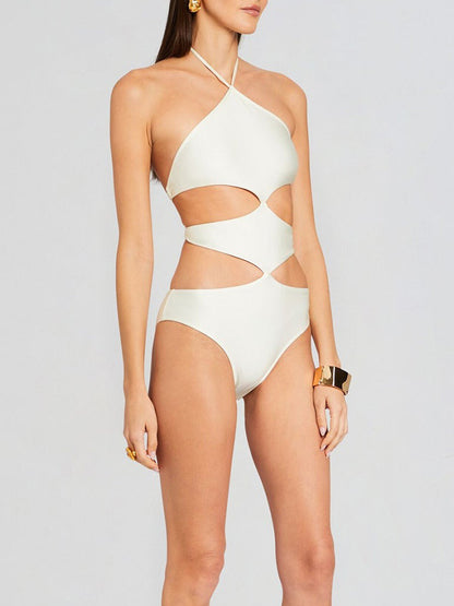 White Halter Cut-out One Piece Swimsuit and See-through Maxi Dress