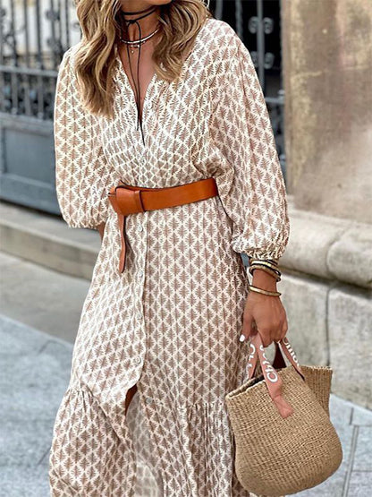 V Neck Long Sleeves Geometric Printed Maxi Dress